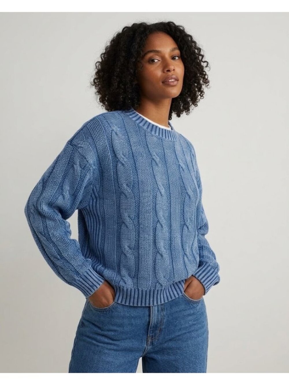 NWT Rag & Bone Miramar Cable-Effect Sweatshirt in Indigo Cotton Fleece M